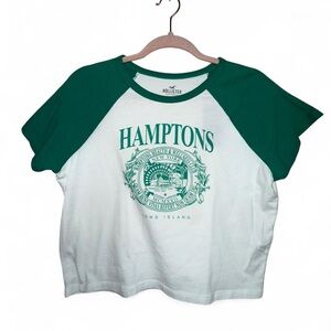 Hollister White & Green Cropped Hamptons Long Island T-Shirt Juniors Size L NWT